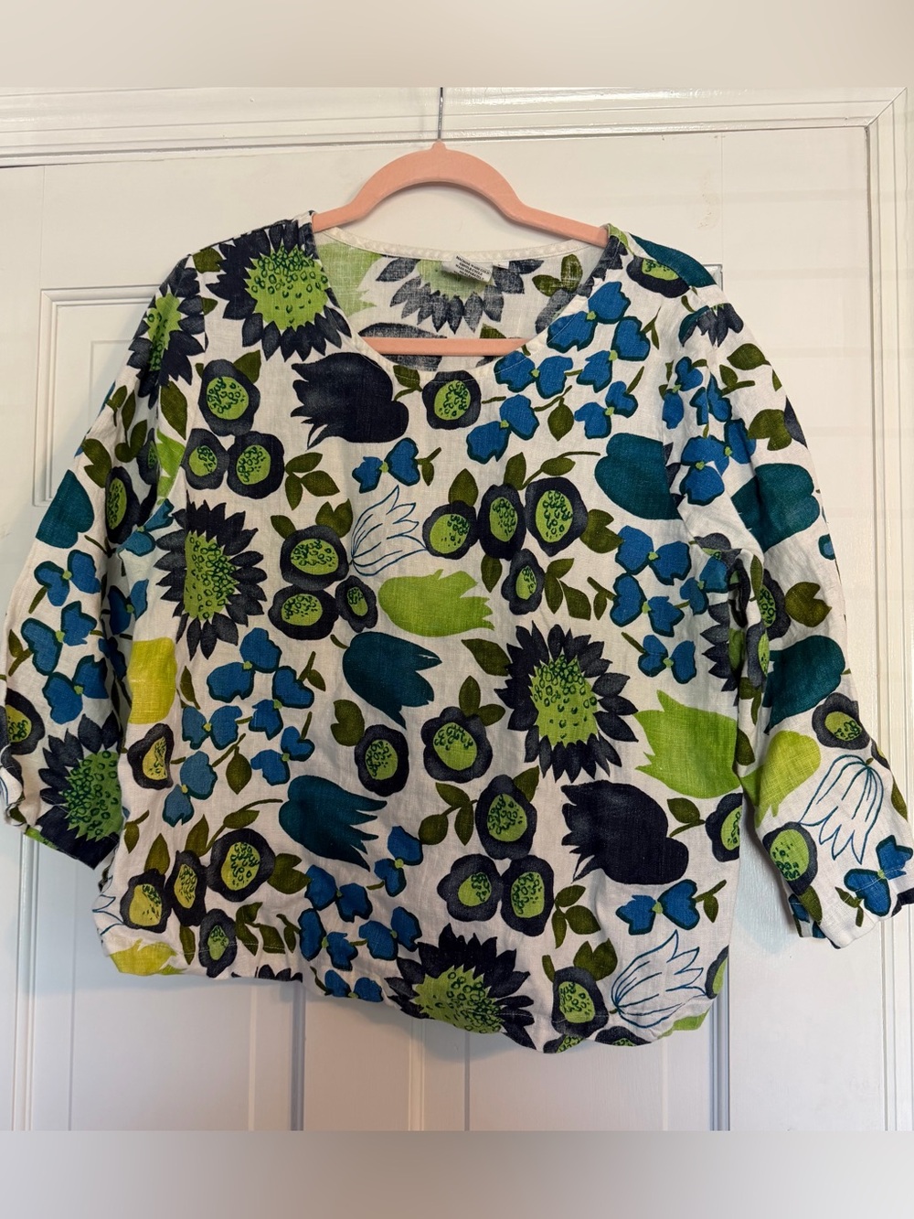 Hot Cotton Womens Floral
3/4 Sleeve Top White Green
Round Neck Lagenlook Sz L